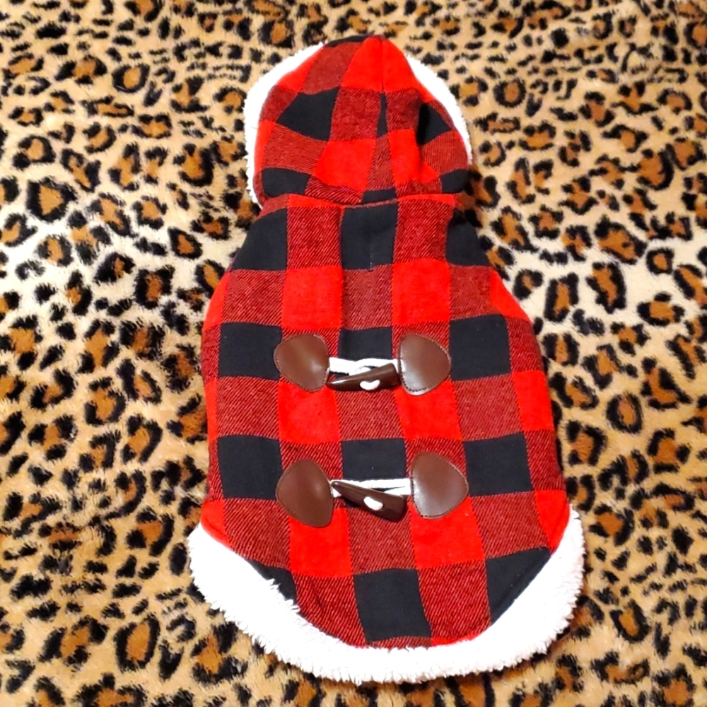 Red & Black Buffalo Plaid Medium Hooded Dog Jacket with Sherpa Lining